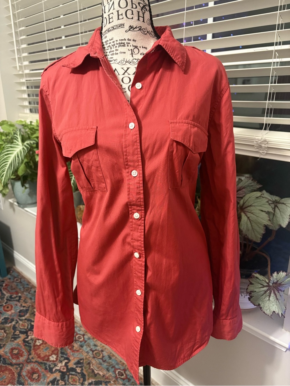 Lands' End Coral Button-Front Shirt with Chest Pockets